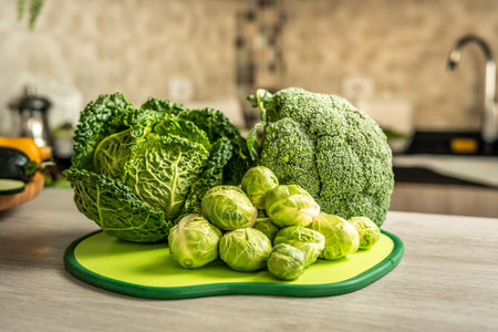 variety of vegetables and legumes in the home kitchen,Top view photo of many eco and bio green cauliflower, broccoli and cabbage in market.の写真素材