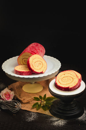 A collection of exquisite cakes and pastries, showcasing a variety of textures and flavors. This series features richly decorated round layer cakes adorned with fresh strawberries, chocolate drizzles, and intricate toppings, displayed on elegant cake stands. Also included is a rustic-style round sponge cake with a decorative swirl, and a vibrant red-dusted swiss roll (brazo de queen or pionono) presented in slices. The dark background enhances the visual appeal, while baking tools, fresh flowers, and rustic burlap accents suggest homemade quality and celebratory occasions. These images are ideal for bakeries, dessert menus, or special event promotions.の写真素材