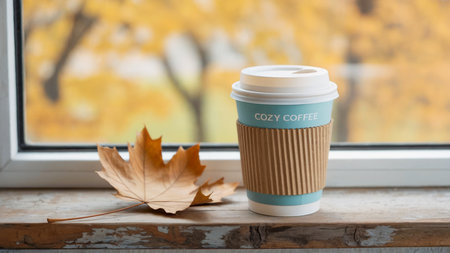 Autumn Cozy Coffee Cup by Window with Fall Leafの素材