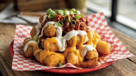 Crispy Tater Tots Loaded with Chili Cheese and Sour Creamの素材