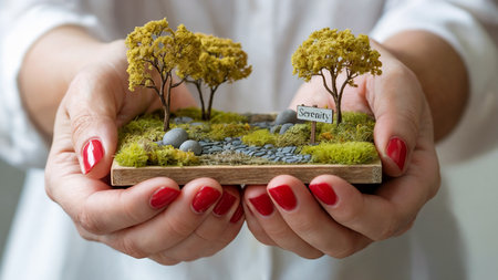 Miniature Serenity Garden with Trees and Moss in Handsの素材