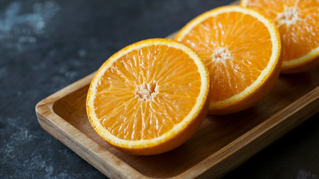 Slices of orange on a wooden plate. Dark background.の素材