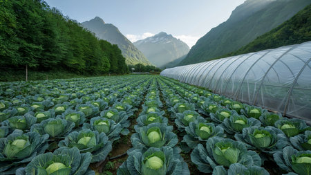 Cabbage Farm with Greenhouse in Mountain Valleyの素材