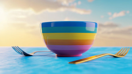 Colorful Ceramic Bowl with Forks on Blue Tableの素材