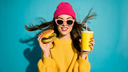 Trendy Pop Art Style Woman with Burger and Sodaの素材