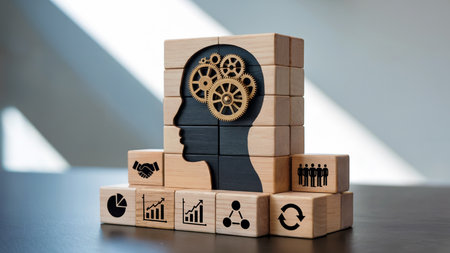 Creative Wooden Block Brain with Gears and Business Iconsの素材