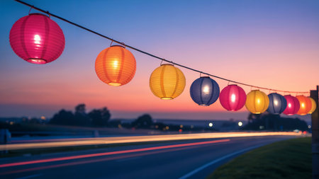 Colorful Paper Lanterns Lighting Up at Sunsetの素材