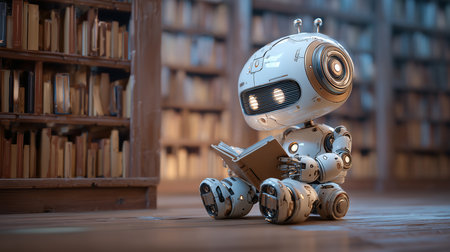 Cute futuristic robot reading book in libraryの素材
