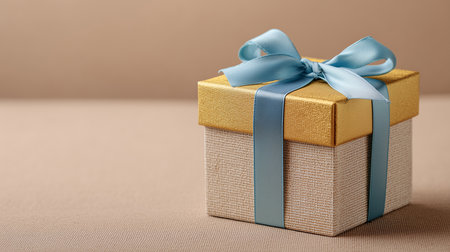 Elegant gold gift box with blue ribbon on beige backgroundの素材