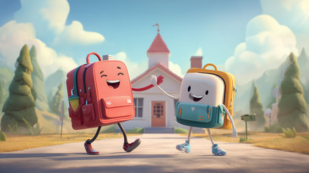 Cartoon Backpack Friends Going to Schoolの素材