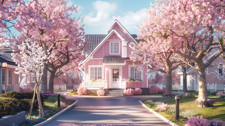 Charming Pink Cottage with Cherry Blossomsの素材