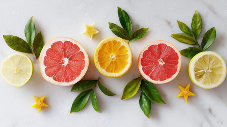 Citrus Fruit Medley with Leaves and Starfruitの素材