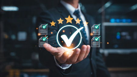 Quality Assurance Certification with Five Star Approval Checkmarkの素材