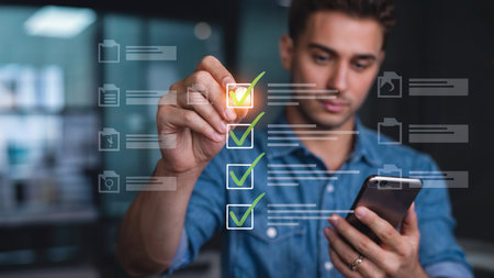 Man Using Smartphone to Complete Digital Checklistの素材