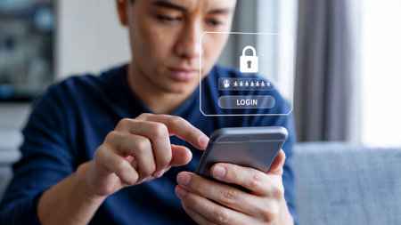 Man Logging Into Mobile App with Secure Password Authenticationの素材