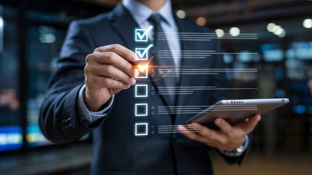 Businessman Using Digital Checklist on Tablet for Task Managementの素材