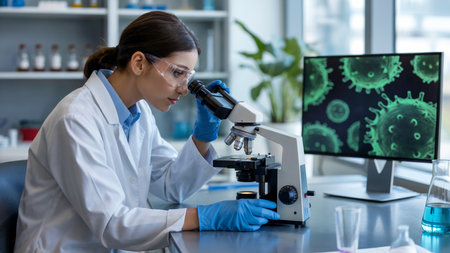 Scientist Using Microscope in Modern Laboratoryの素材
