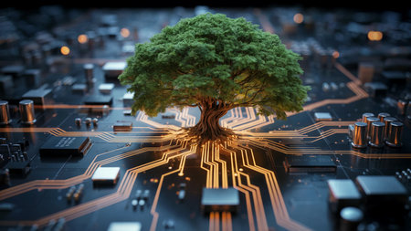 Futuristic Tree Growing on Digital Circuit Boardの素材