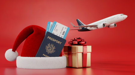 Christmas Travel Concept with Passport and Airplaneの素材