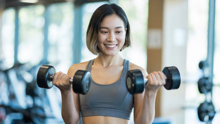 Young Woman Lifting Dumbbells at Gym Fitness Trainingの素材