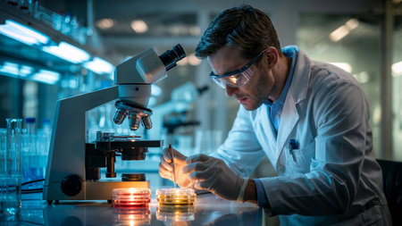 Scientist Working with Microscope and Petri Dishes in Laboratoryの素材