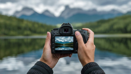 Photographer Capturing Mountain Landscape Through DSLR Cameraの素材