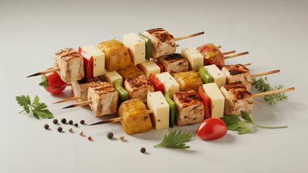 Delicious grilled chicken skewers with cheese cubes, bell peppers, potatoes, and tomatoes arranged with herbs and peppercorns â perfect for food, BBQ, and recipe-related content.の素材
