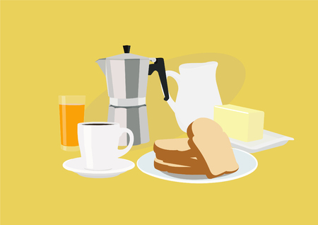 Vector Illustration of a Breakfast with Toasts, Coffee, Coffee Maker, Glass of Juice, Butter and a Jarのイラスト素材