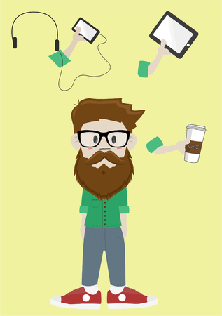Vector Illustration Isolated of a Hipster with Glasses and Different Arms and Objectsのイラスト素材