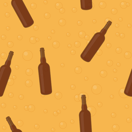 Vector Beer Seamless Pattern Background with Beer Bottles and Bubblesのイラスト素材