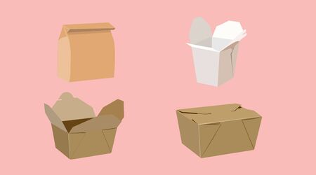 Vector Isolated Set of Different Paper Bags or Take Away Boxesのイラスト素材