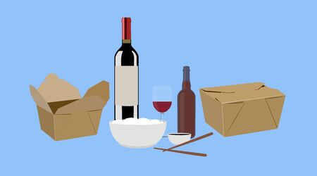 Vector Isolated Illustration of Food Take Away, with Wine and Beerのイラスト素材