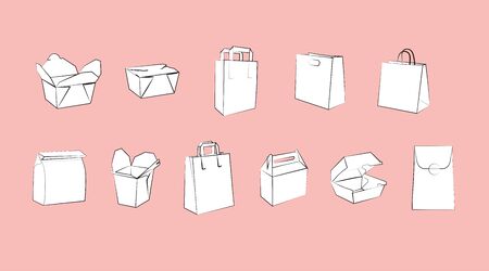 Vector Isolated Set of Different Paper Bags or Take Away Boxesのイラスト素材