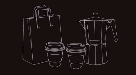 Vector Isolated Illustration of a Coffee Take Away Set, with two paper cups of coffee, a coffee maker and a paper bagのイラスト素材