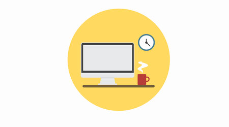 Vector Isolated Illustration of a Workspace, with a Computer, a Cup of Coffee and a Clock. Workspace Flat Iconのイラスト素材
