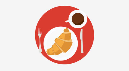 Vector Isolated Illustration of a Breakfast with Croissant, Cutlery and Coffee. Breakfast iconのイラスト素材