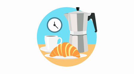 Vector Isolated Illustration of a Breakfast with Coffee Maker, Coffee Cup, Croisant and a Clock. Morning Breakfast Iconのイラスト素材