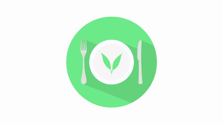 Vector isolated Illustration of a Dish, Fork, Knife, Leave. Vegan Iconのイラスト素材