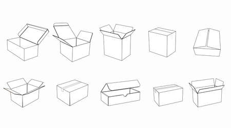 Vector Isolated Set of Carton Boxes. Black and White Isolated Illustrationのイラスト素材