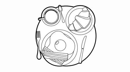 Vector Isolated Ilustration of a Breakfast, with Croissant, Fried Eggs, Bacon, Coffee, Cutlery. Breakfast Sign or Iconのイラスト素材