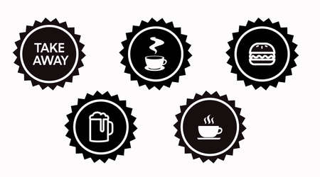 Take away icon set. Set of take away badges or seals, with coffe cups, burger and beer iconsのイラスト素材