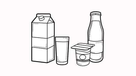 Milk Icon Set. Vector isolated black and white milk box or carton, milk bottle, yogurt and a glass of milkのイラスト素材