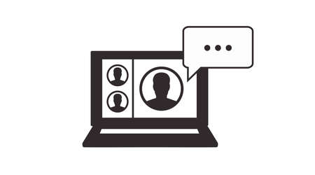 Communication Black and White Icon. Vector Isolated Illustration of a Laptop and a Videocallのイラスト素材