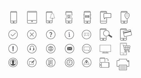 Devices Icon Set. Vector isolates black and white illustration. Mobile, phones, screens and devices setのイラスト素材