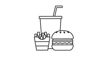 Burger, fries and soda vector illustration in simple line design. Fast food icon linear style, isolated on white backgroundのイラスト素材
