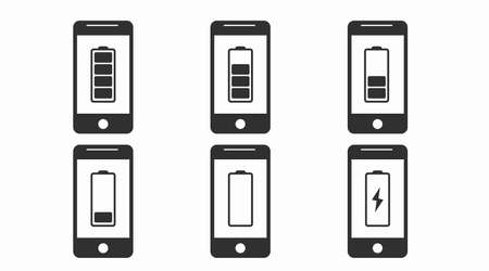 Smartphone battery icon set. Set of illustrations with smartphones with different battery chargesのイラスト素材