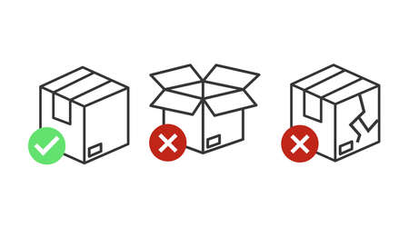 Boxes Icon Set. Vector flat set of illustration isolated with a box closed, a box opened and a box brokenのイラスト素材