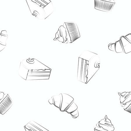 Pastry Pattern. Vector semaless pattern or background with Cupcakes, Croissants and Cakesのイラスト素材
