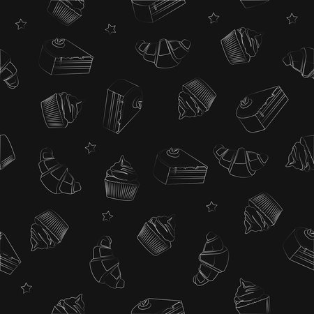 Pastry Pattern. Black and white Vector seamless pattern or background with Cupcakes, Croissants and Cakesのイラスト素材