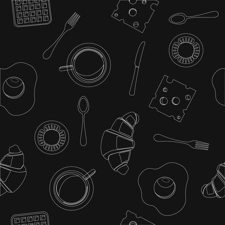 Blakck and white breakfast pattern. Vector seamless pattern with breakfast elementのイラスト素材